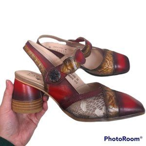 L'artiste Red  Square Toe Sling Back Chunky Mary Jane Heels sz 39